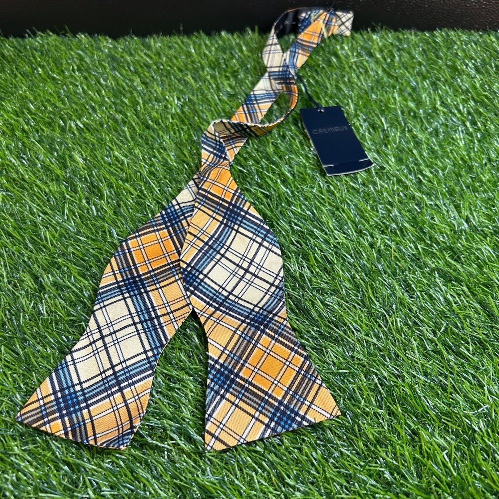 Cremieux Plaid Silk Bow Tie Mens One Size Yellow Blue Adjustable Self Tie NWT